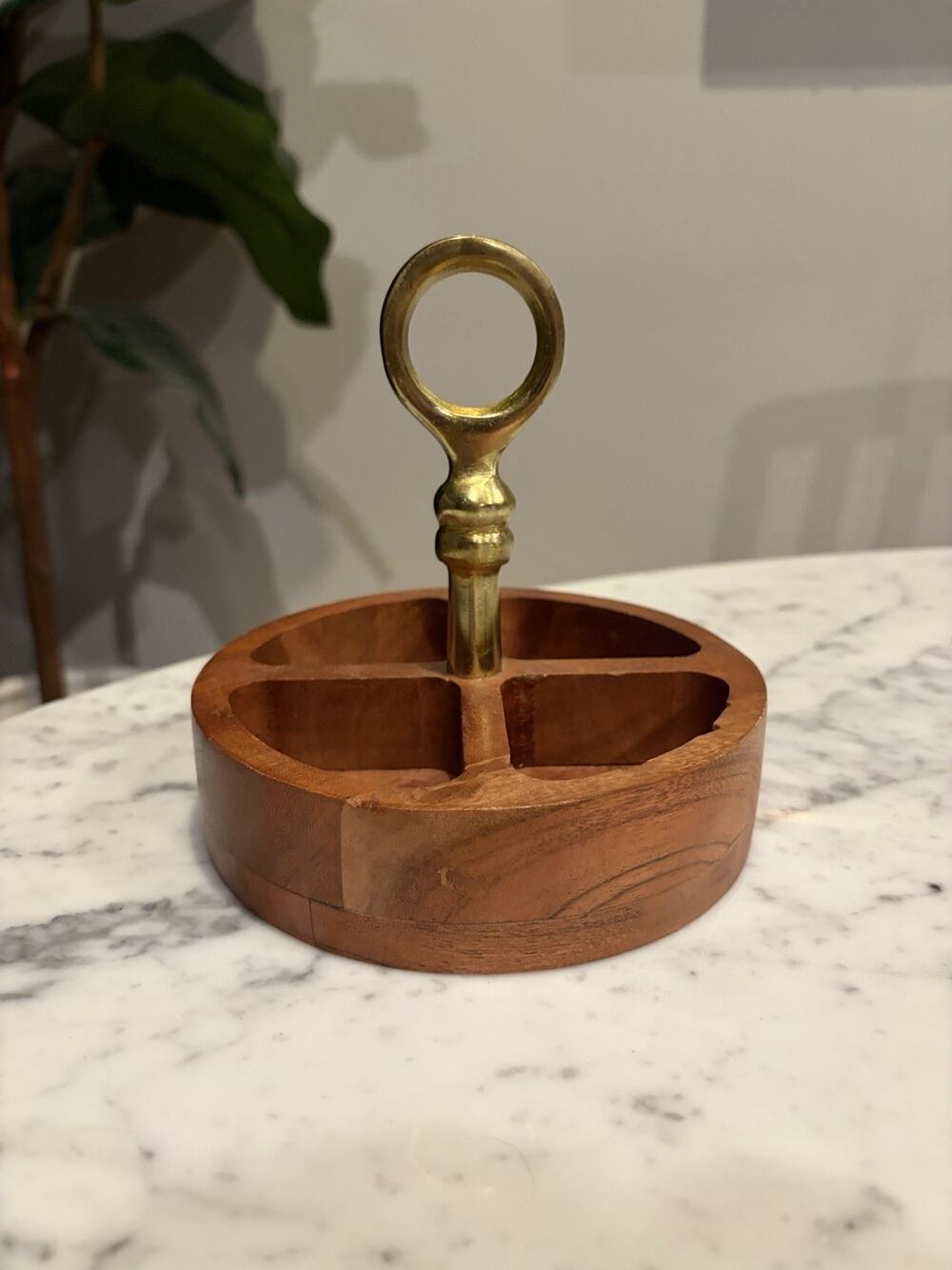 Round Wood Divided Serving Tray w/ Brass Tone Ring Handle, 4 Compartments 6 in